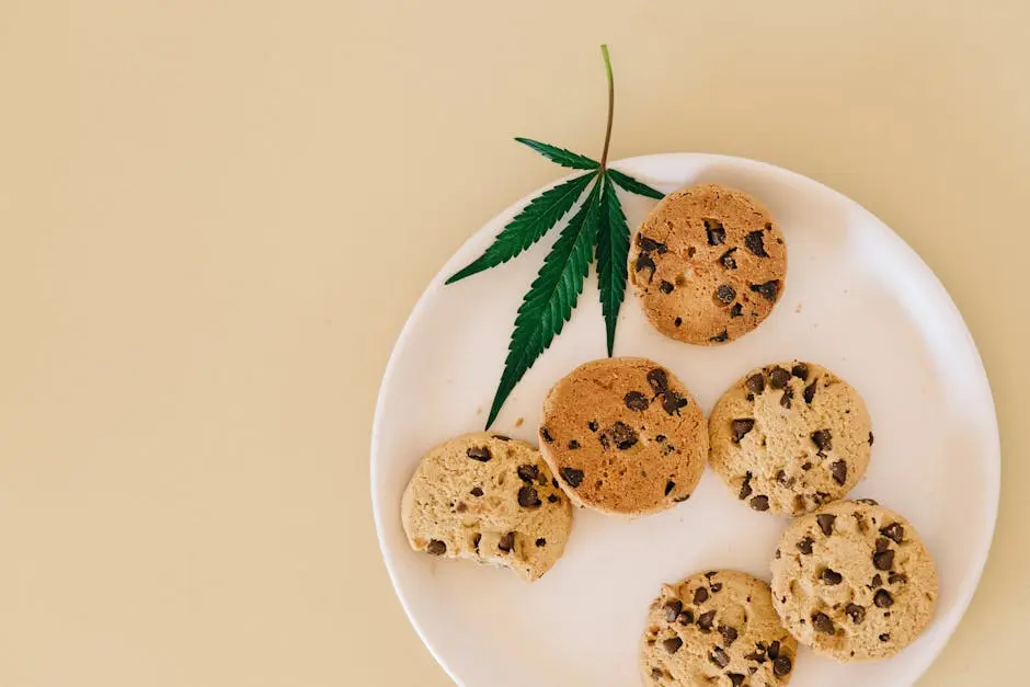 Chocolate chip cookies with cannabis leaf on white plate against plain background.