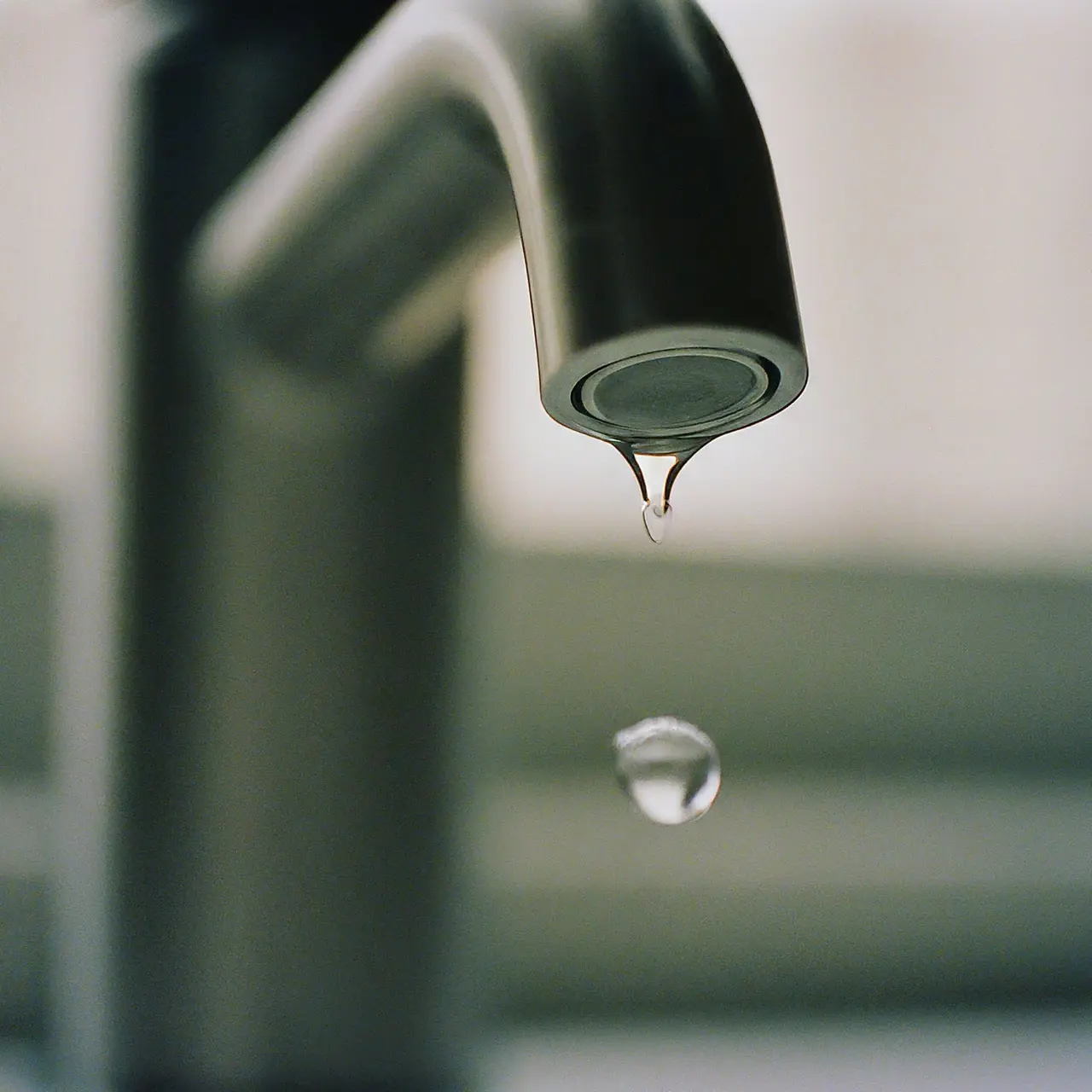 A dripping faucet with water droplets frozen in motion. 35mm stock photo