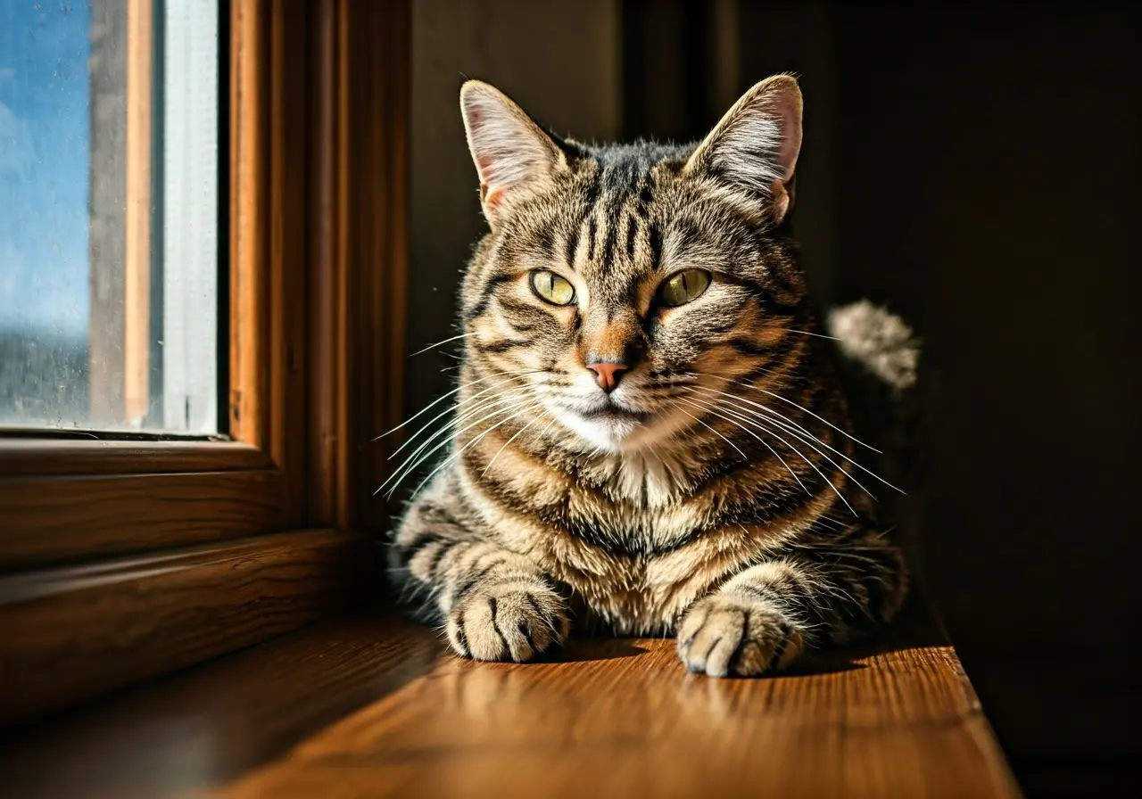 A senior tabby cat lounging in a cozy, sunlit window. 35mm stock photo