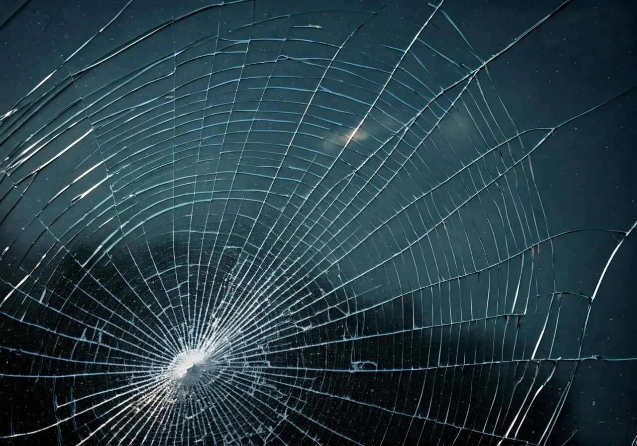 A cracked windshield with visible spiderweb-like damage. 35mm stock photo