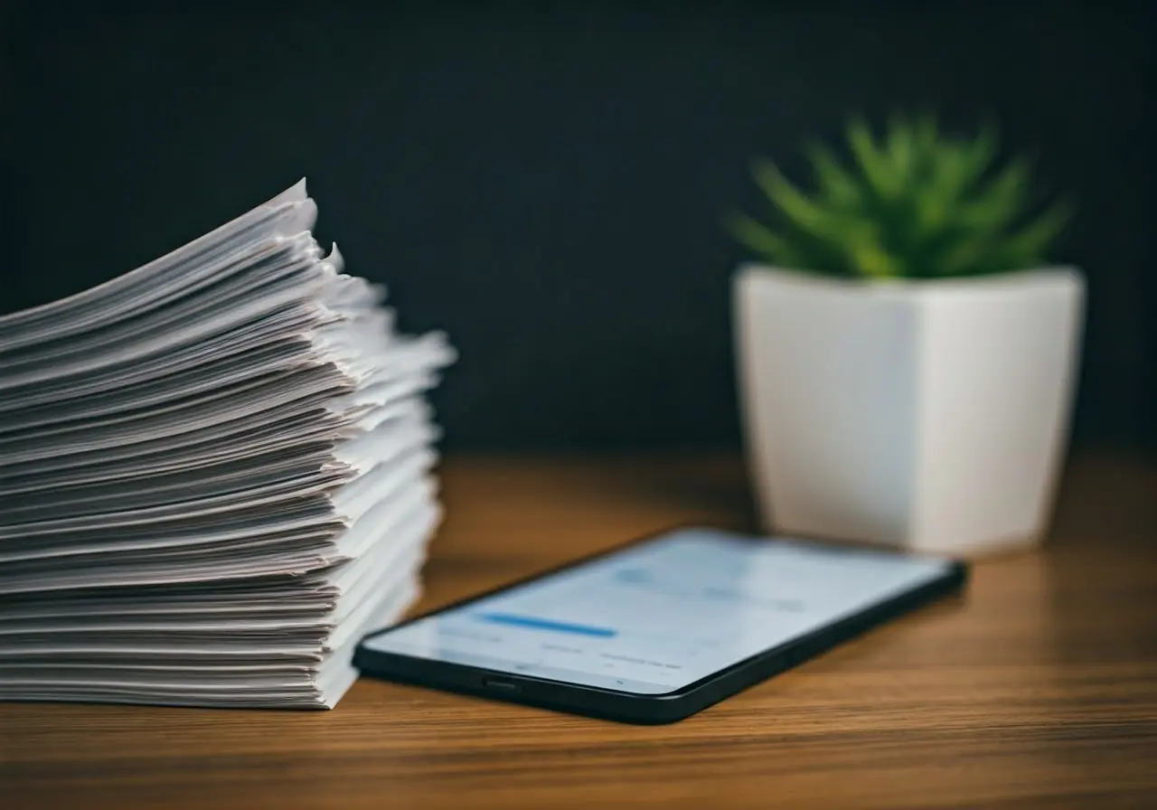 A desk with neatly stacked receipts and a tracking app. 35mm stock photo