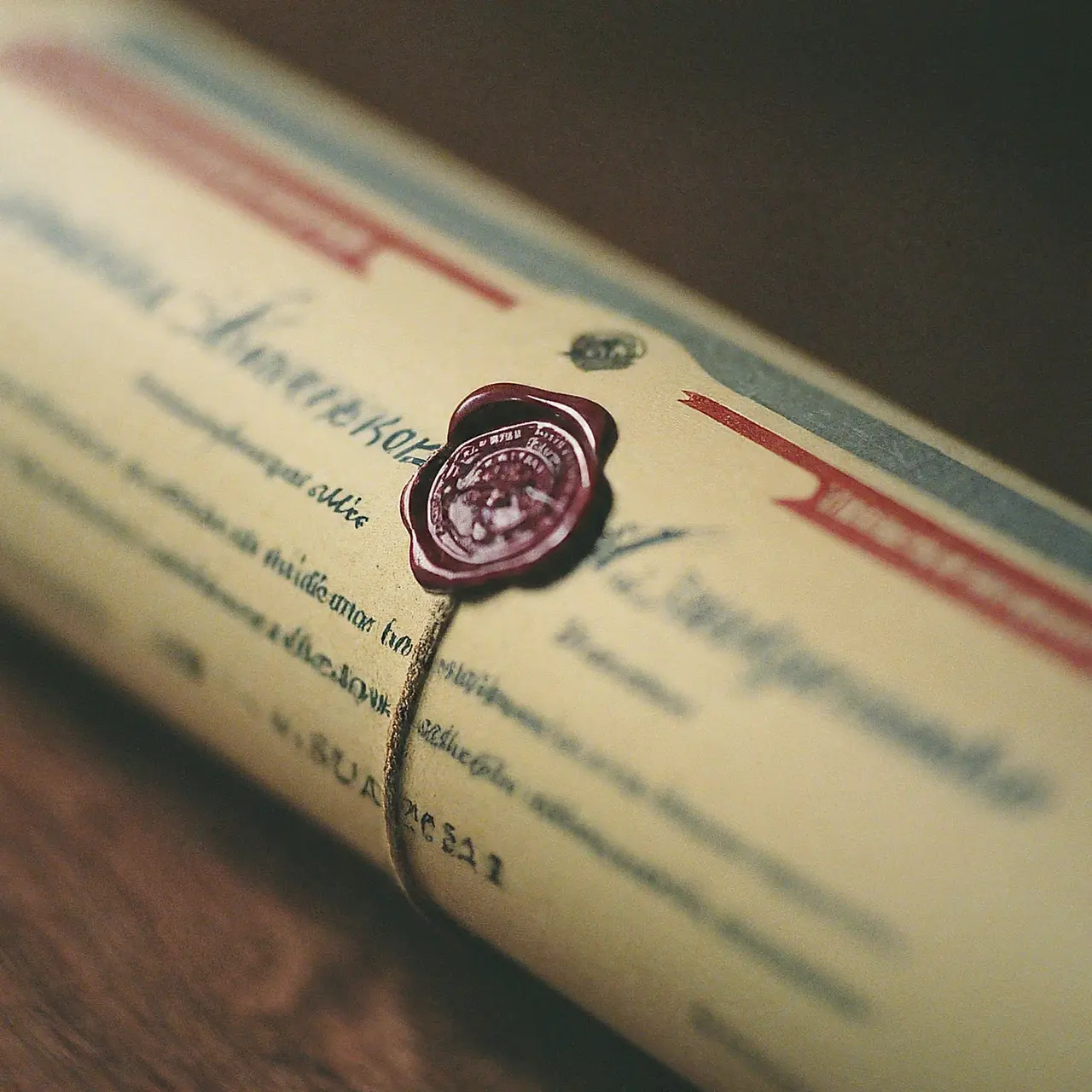 A close-up of a university certificate with a verification stamp. 35mm stock photo