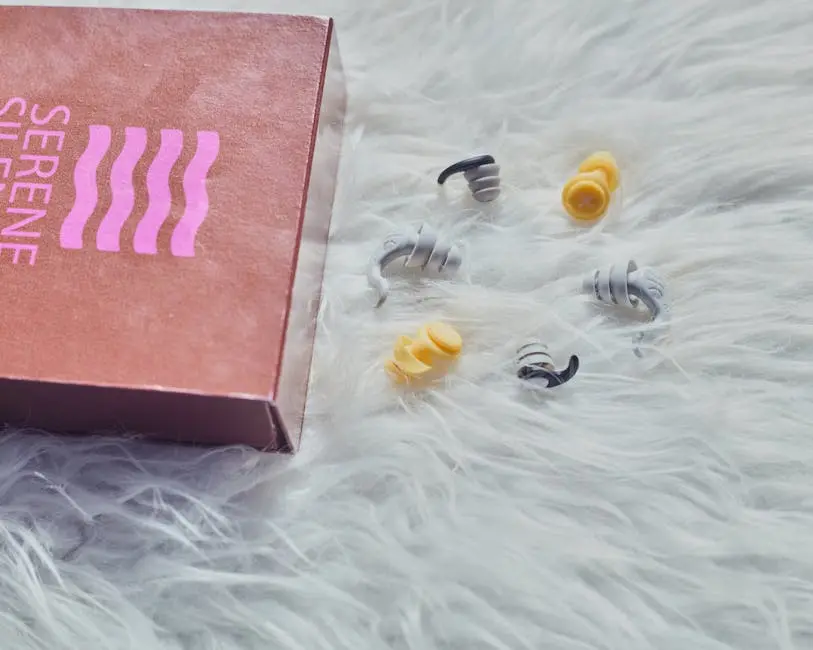 Colorful earplugs spill from a box labeled ‘Serene’ onto a fluffy white surface, creating a cozy vibe.