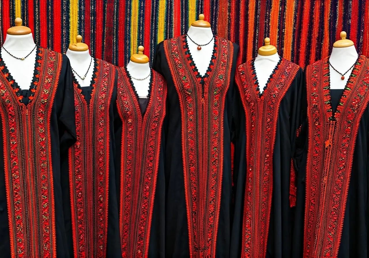 A colorful display of traditional Palestinian embroidered clothing. 35mm stock photo