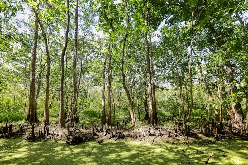 A vibrant swamp forest with tall cypress trees and lush greenery, perfect for nature lovers.