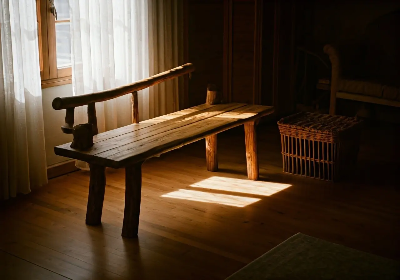 A handcrafted wooden bench in a cozy, sunlit living room. 35mm stock photo