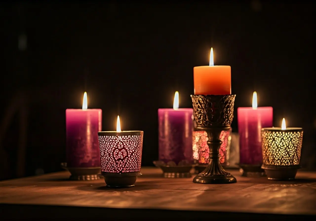 Colorful scented candles beautifully arranged on a table. 35mm stock photo