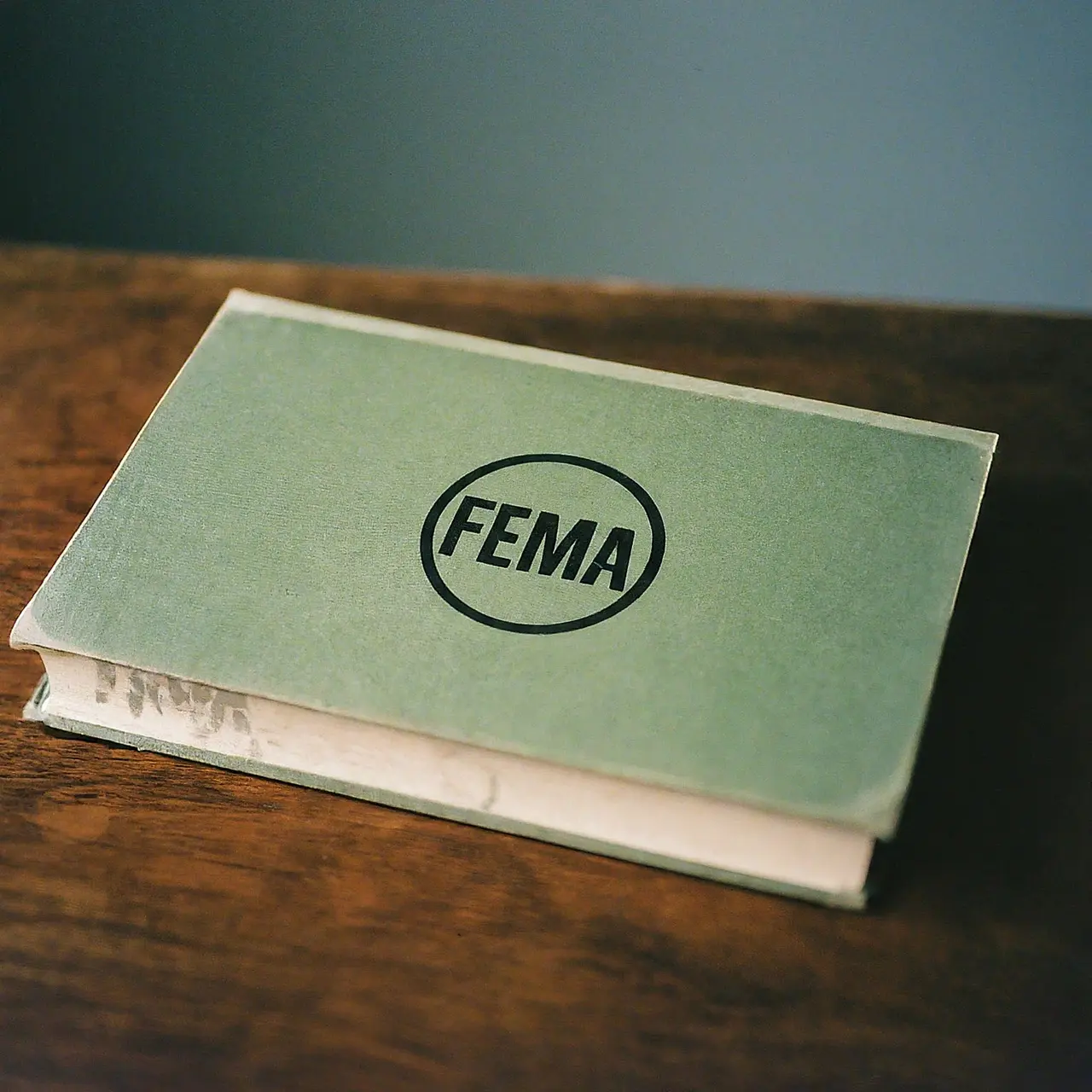 Closed book on a table with FEMA logo on cover. 35mm stock photo