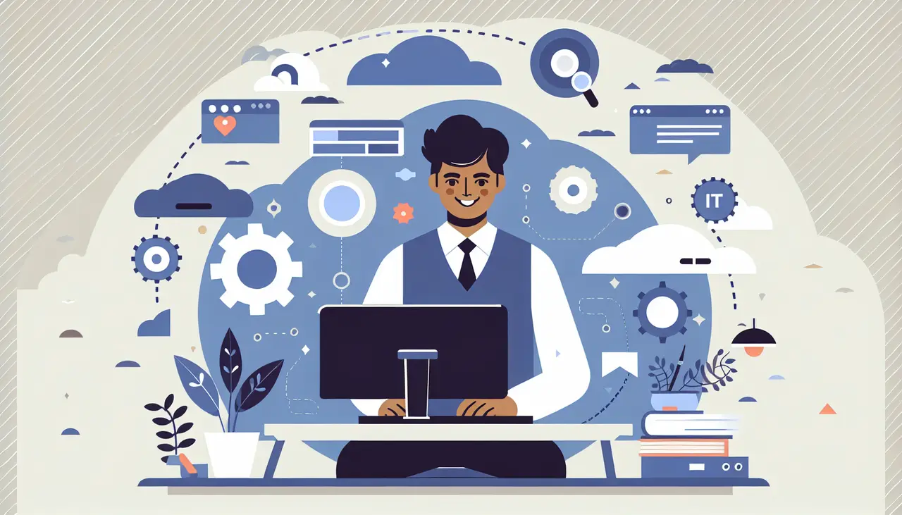 Draw a graphic in flat design style. A small business owner happily working on a computer with a digital representation of IT services, like clouds and gears, surrounding the desk in a clean, flat design style.