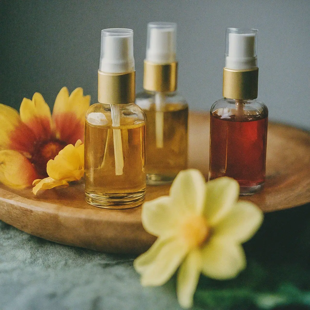 Close-up of floral fragrance oil bottles with blooming flowers. 35mm stock photo