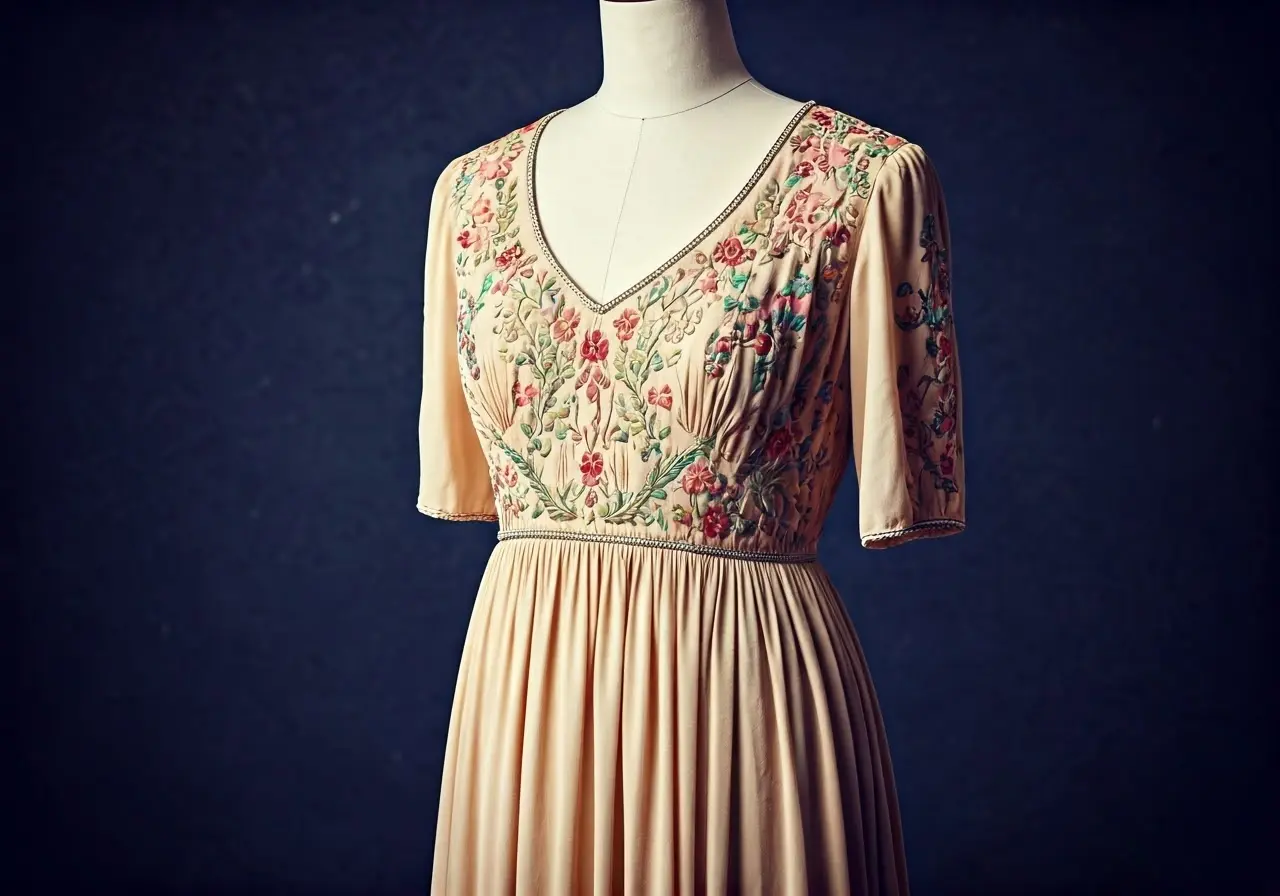 An elegant embroidered evening dress on a vintage mannequin. 35mm stock photo