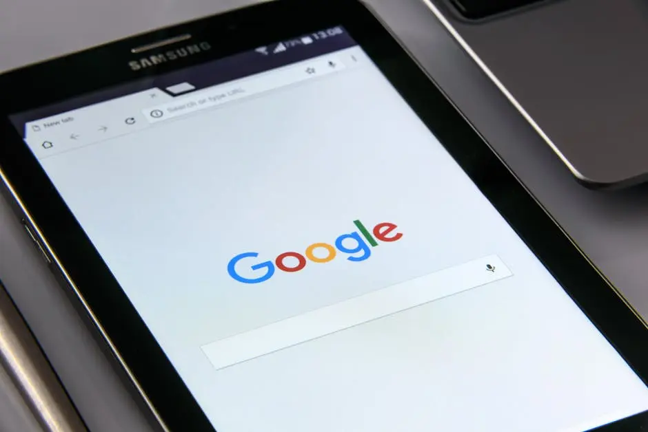 Close-up of a tablet displaying Google’s search screen, emphasizing technology and internet browsing.