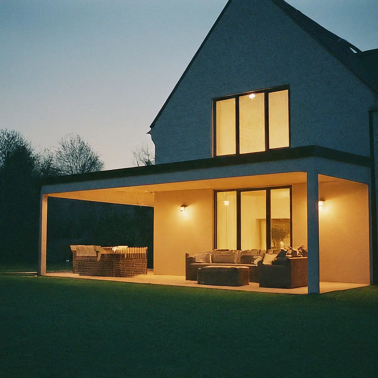 A luxurious house illuminated at twilight. 35mm stock photo