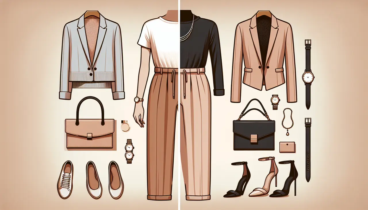 Draw a graphic in flat design style. Illustrate a minimalist flat design of a jumpsuit transitioning from daywear with flat shoes to nightwear with heels and accessories.