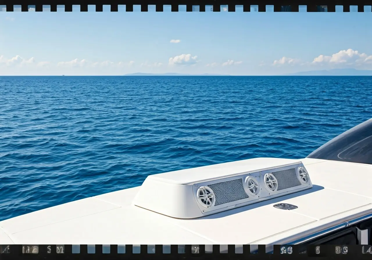 Marine audio speakers on a yacht with ocean in background. 35mm stock photo