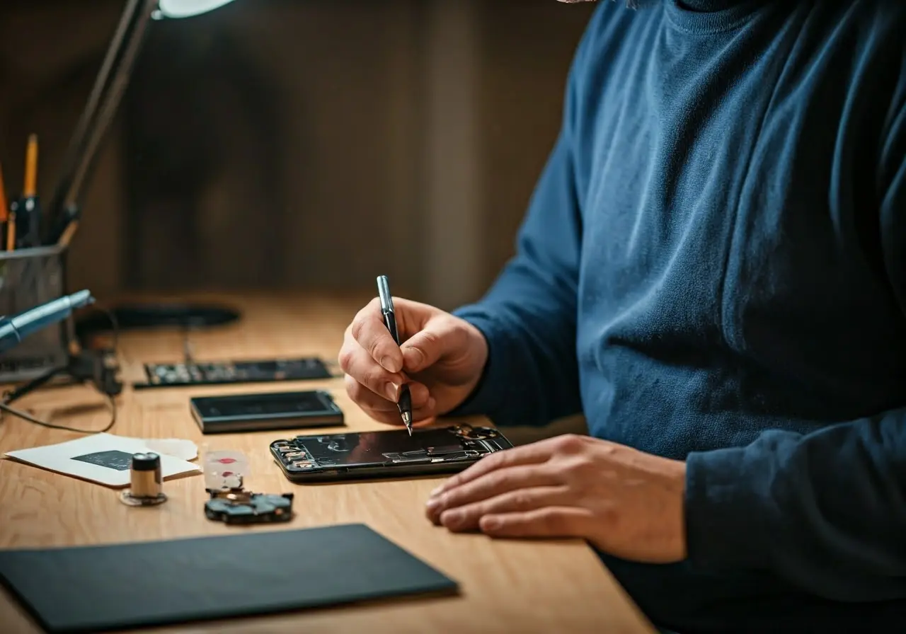 A technician carefully repairing a smartphone. 35mm stock photo