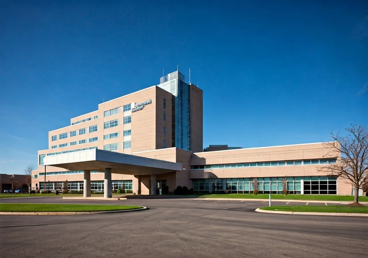 A hospital exterior in Michigan with a clear blue sky. 35mm stock photo