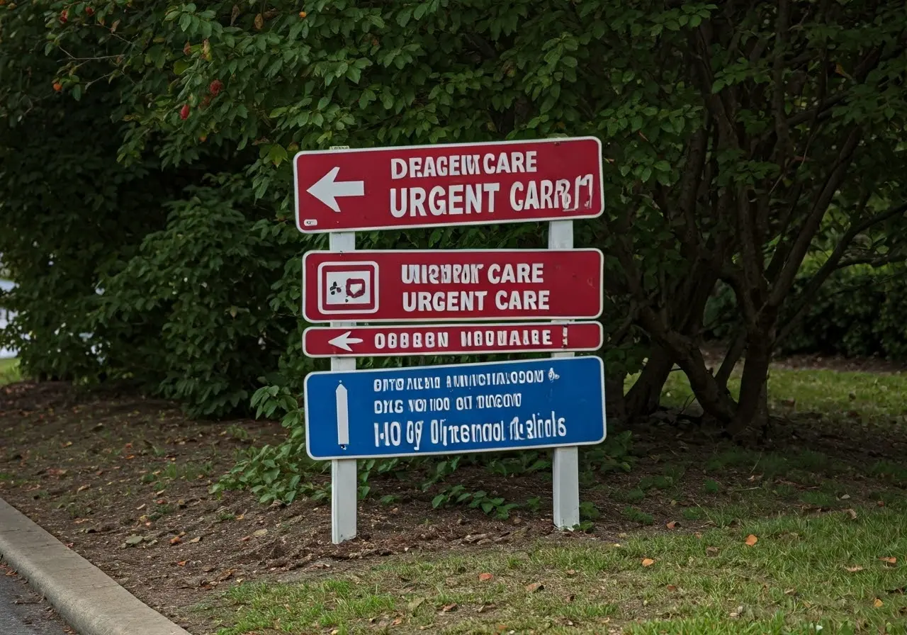 Sign showing directions to a nearby urgent care facility. 35mm stock photo