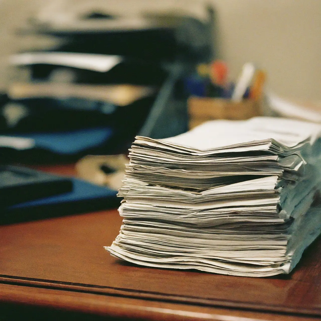 A stack of overdue invoices on a cluttered desk. 35mm stock photo