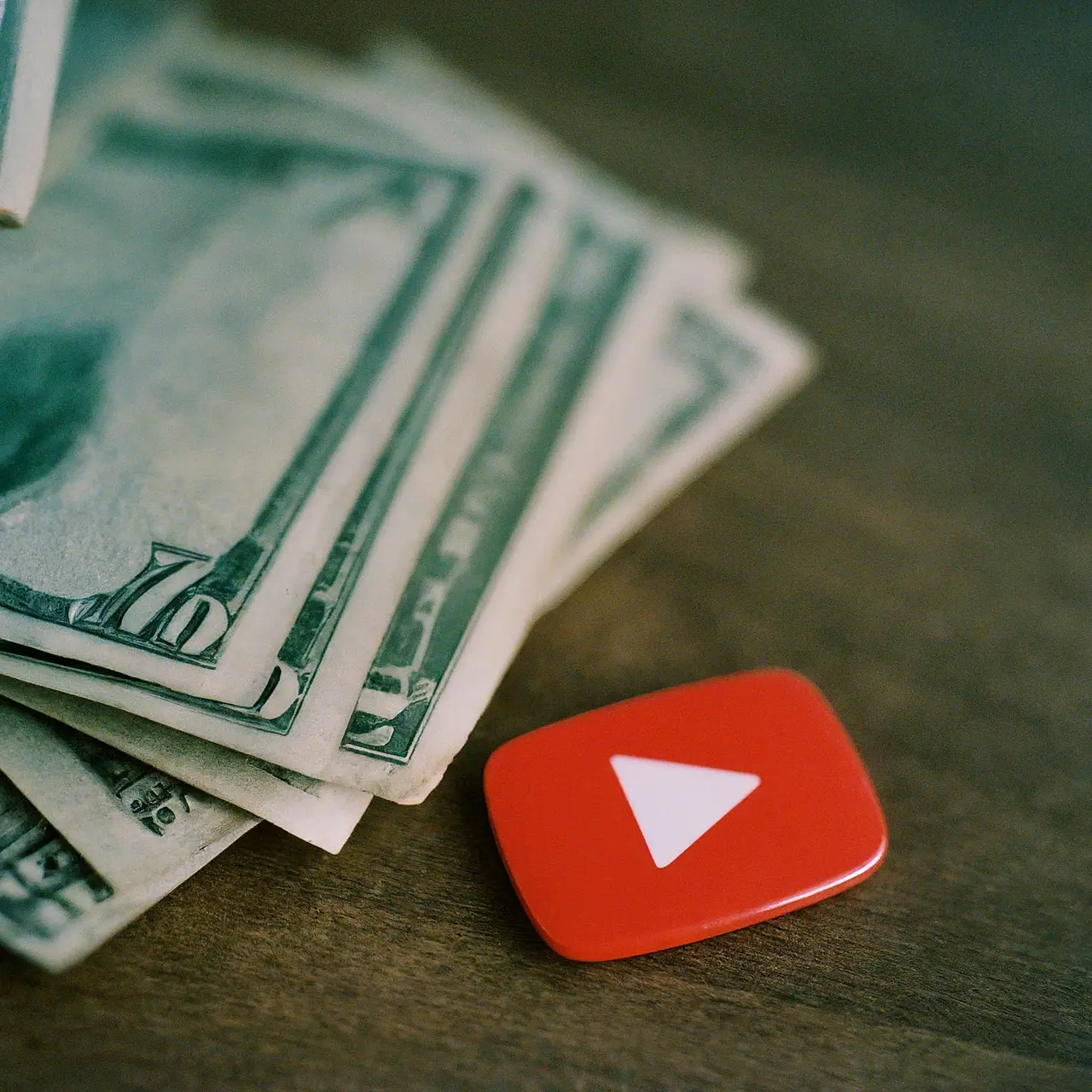 A YouTube play button beside stacks of money. 35mm stock photo