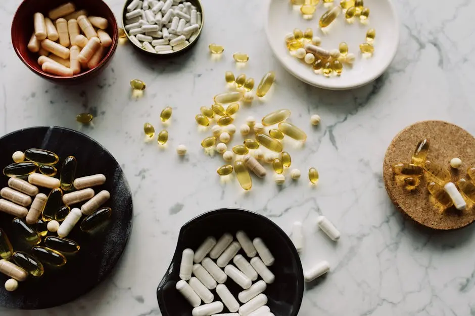 From above of various types of medication pills and yellow capsules of omega placed on different plates and stands on table