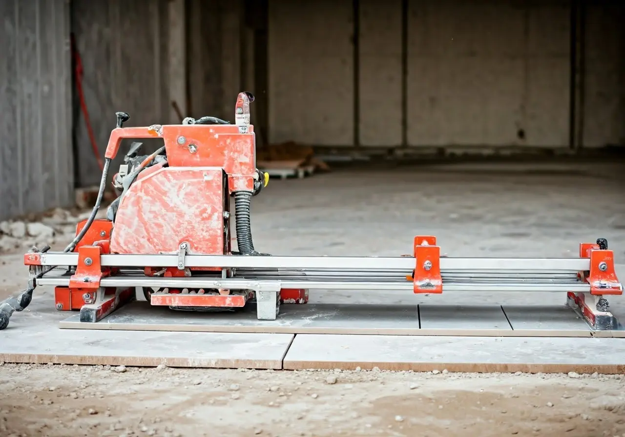 A modern tile cutter in a construction site setting. 35mm stock photo