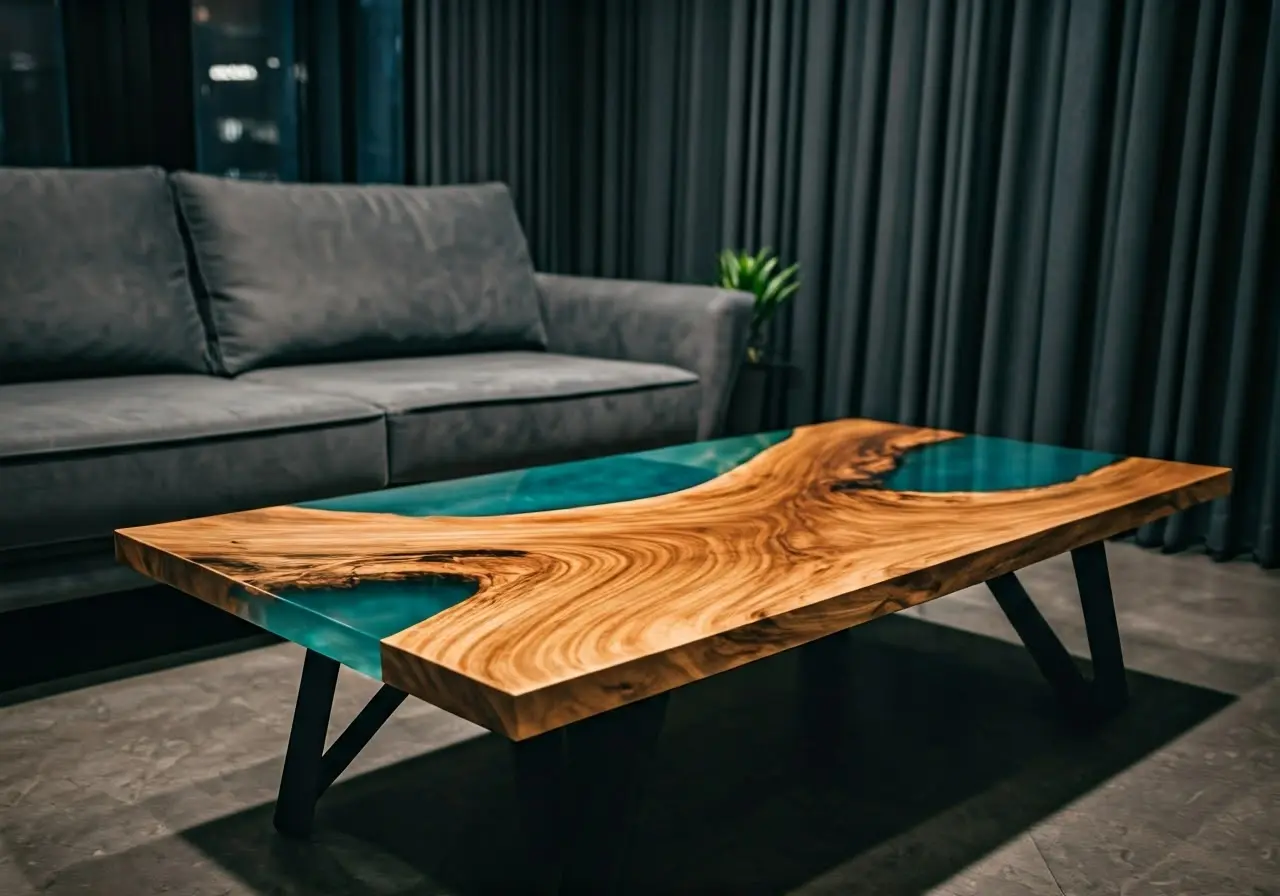 A modern epoxy resin coffee table in a stylish living room. 35mm stock photo