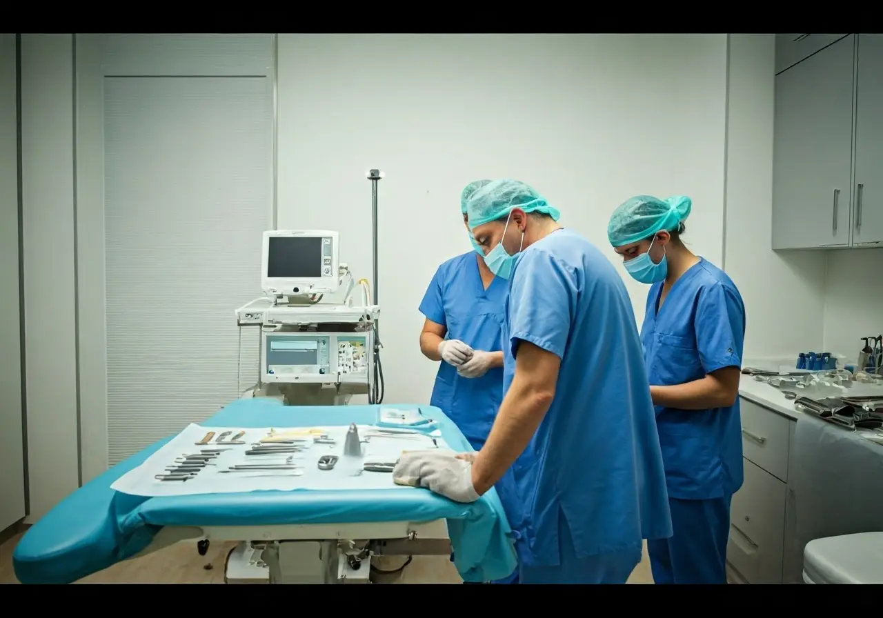 Medical staff preparing tools in a well-equipped treatment room. 35mm stock photo