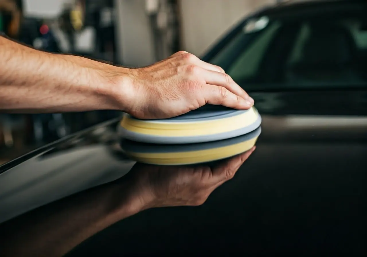 Close-up of a hand polishing a glossy car surface. 35mm stock photo