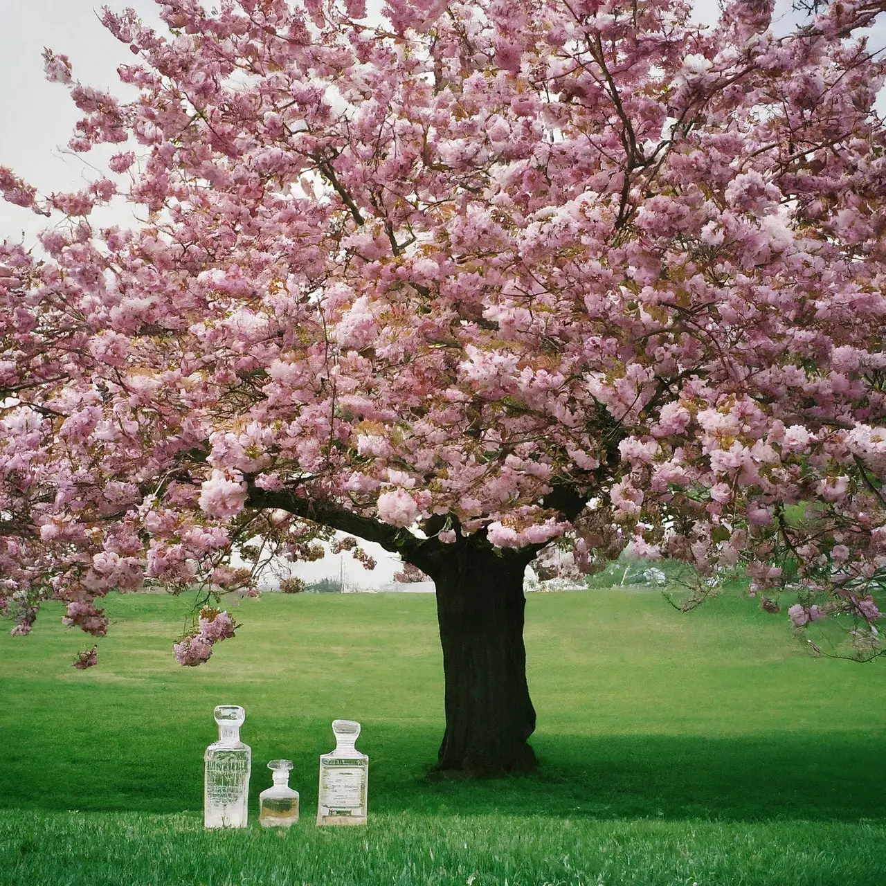 A cherry tree in full bloom beside perfume bottles. 35mm stock photo