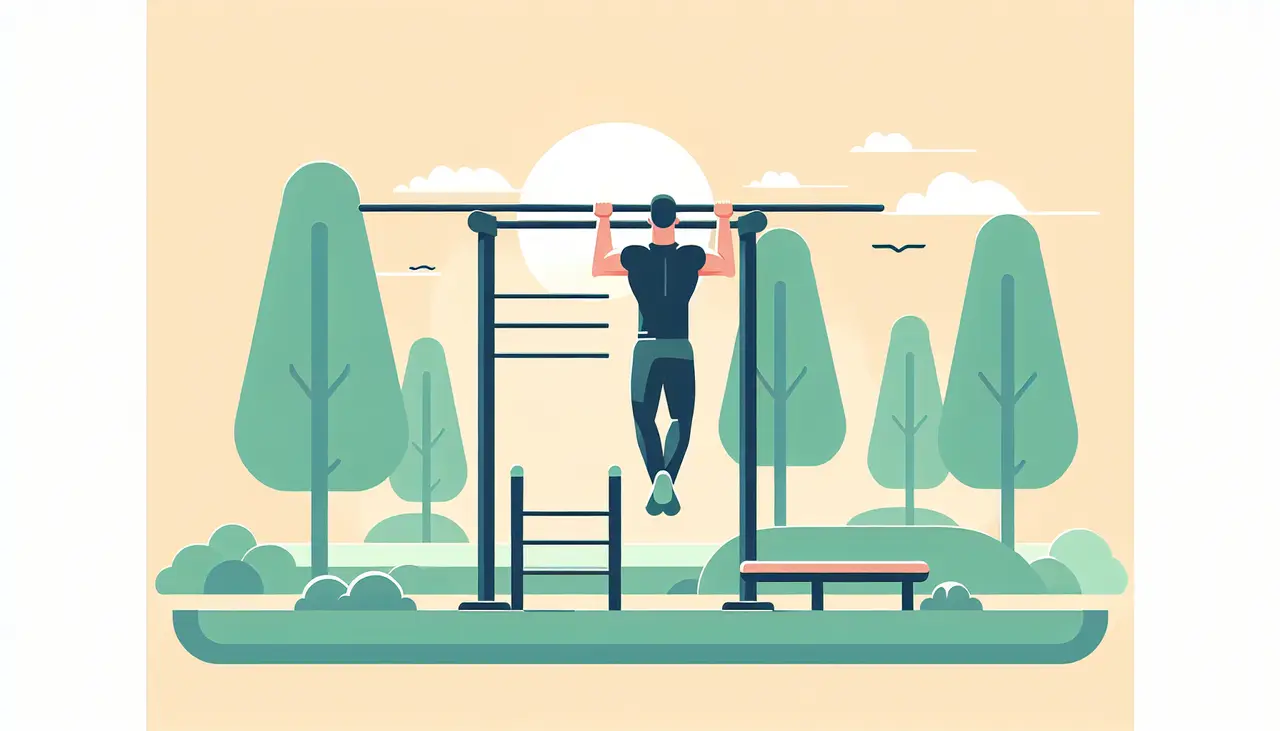 Draw a graphic in flat design style. Illustrate a person doing pull-ups on a portable calisthenics bar in a park with trees and a clear sky in the background, in flat design style. Keep the image minimalist.