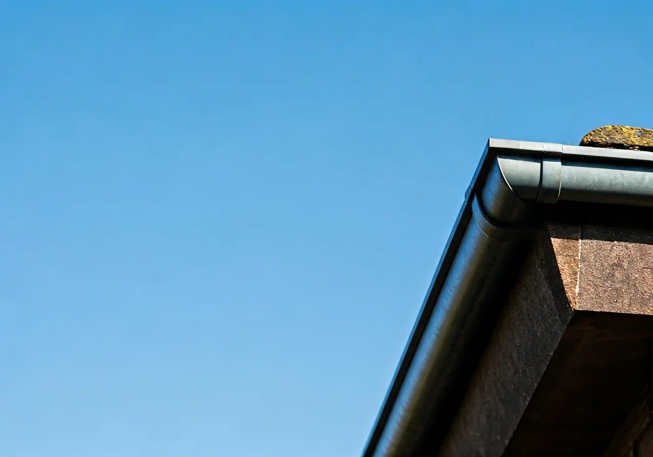 A clean gutter with clear blue sky in the background. 35mm stock photo