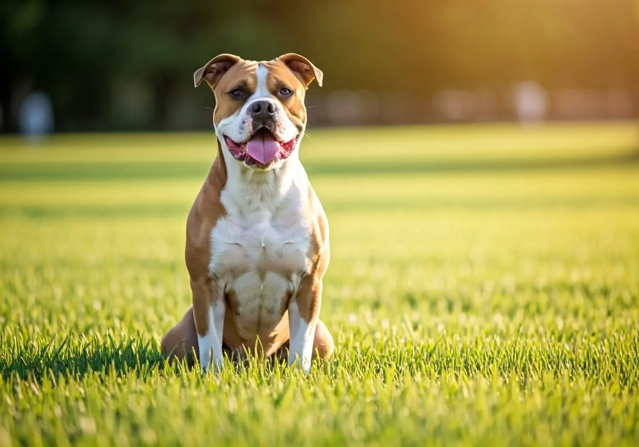 American Bulldog sitting on grass in a sunny park. 35mm stock photo