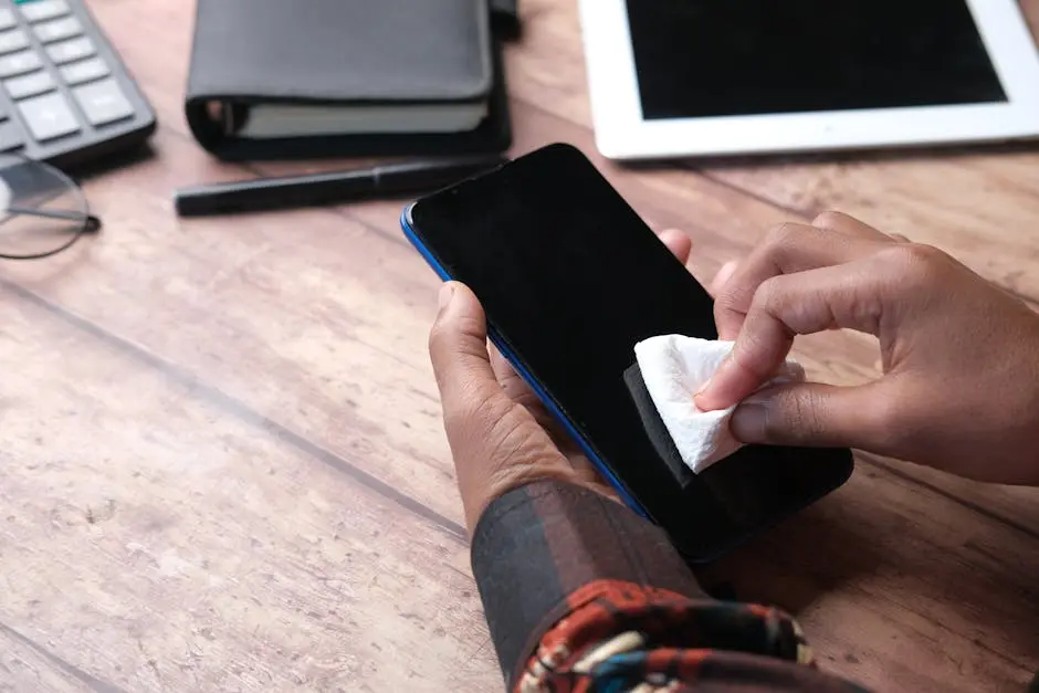 Hands wiping a smartphone with a cloth in an organized workspace. Emphasizes hygiene and device care.