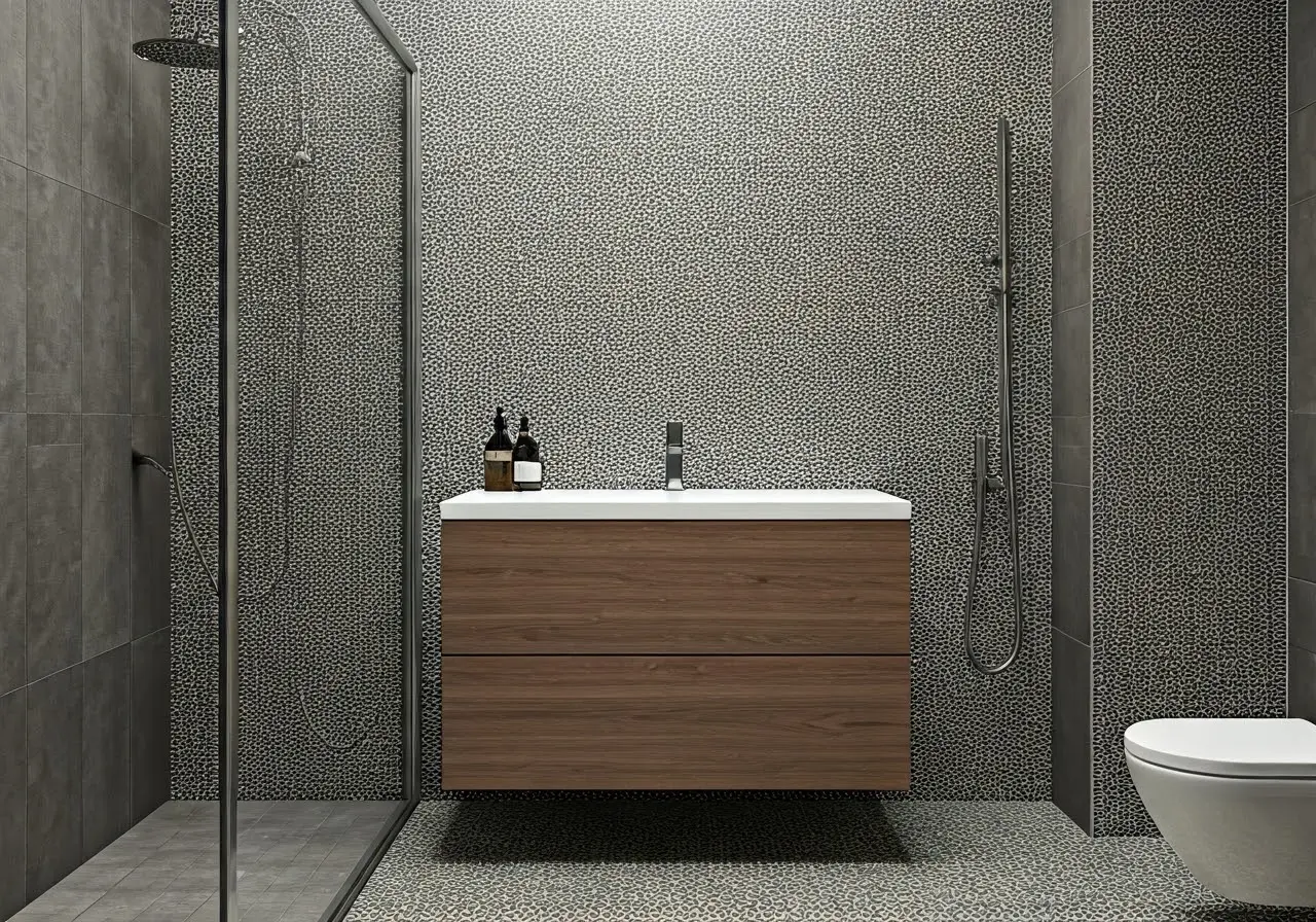 A stylish modern bathroom featuring trending tile designs. 35mm stock photo