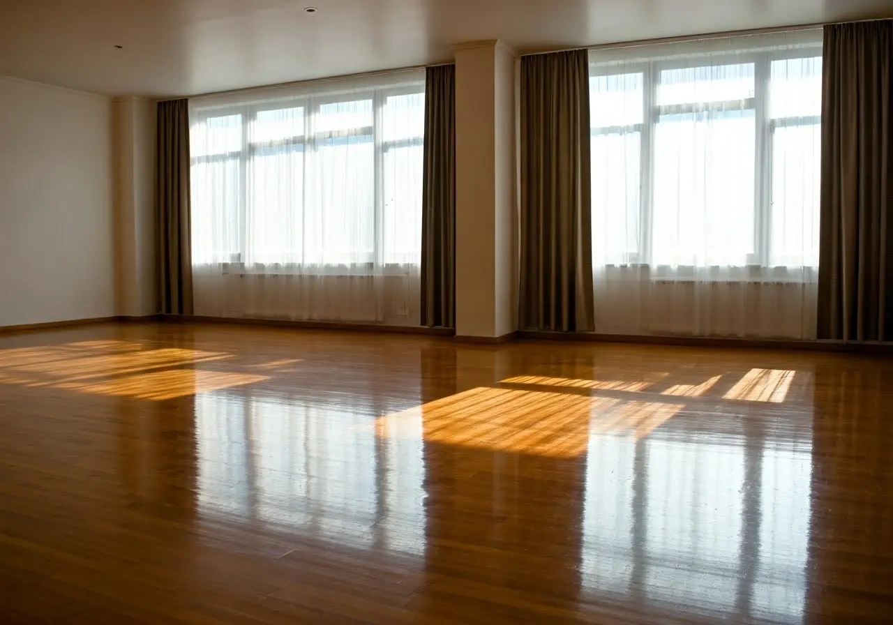 A sparkling clean living room with polished wooden floors. 35mm stock photo