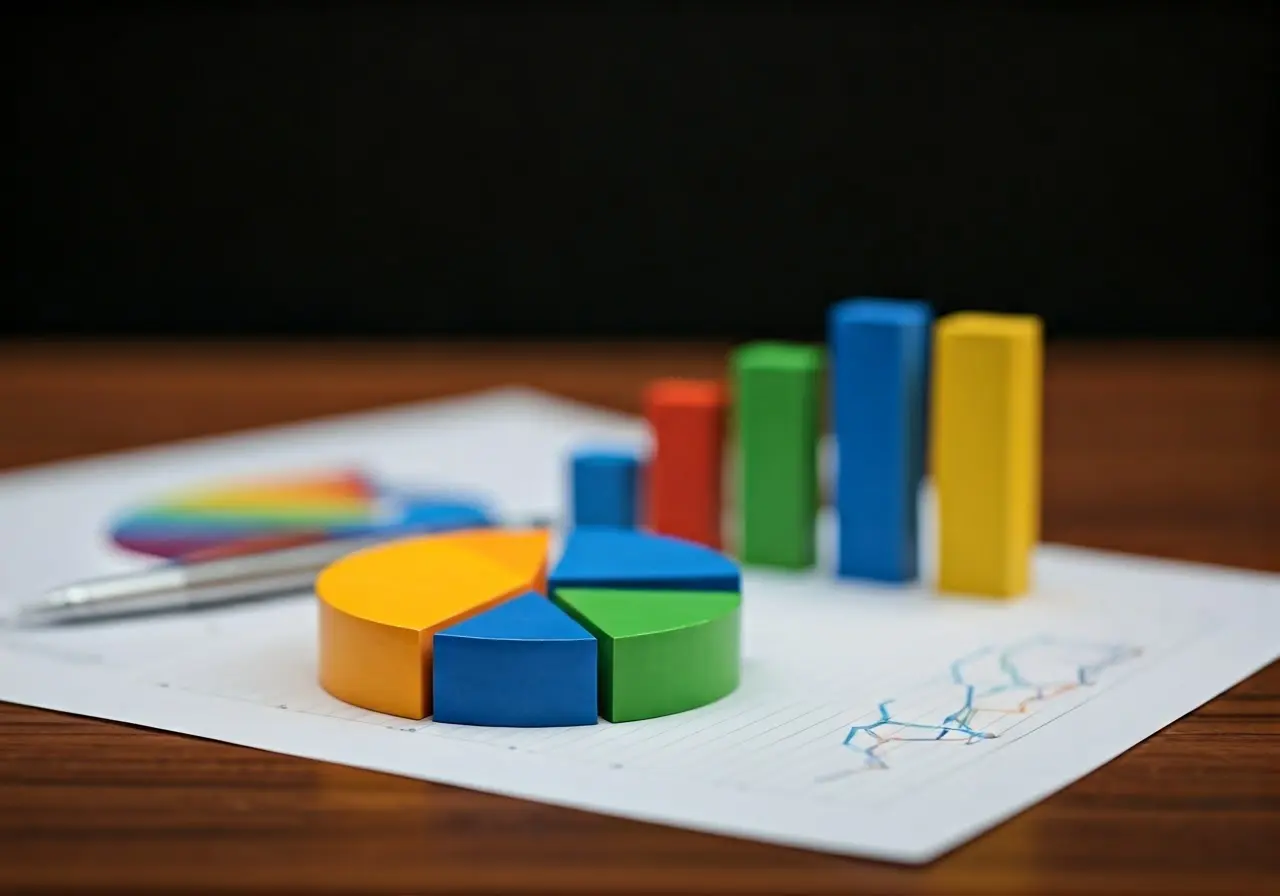 A pie chart and bar graph on a desk with notes. 35mm stock photo