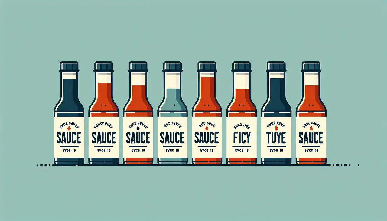 Draw a graphic in flat design style. A minimalist flat design illustration of six distinct sauce bottles, each with a bold, simple label depicting the sauce type, arranged in a neat row.