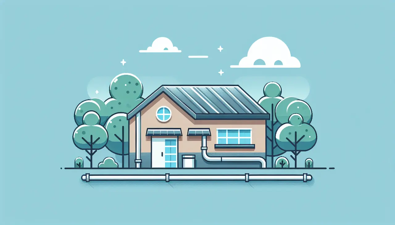 Draw a graphic in flat design style. A clean and simple flat design image of a building with clean gutters, surrounded by a few trees and a clear sky background.