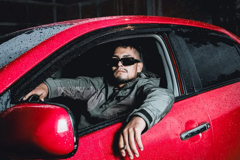 Man in Sunglasses Sitting in a Red Car