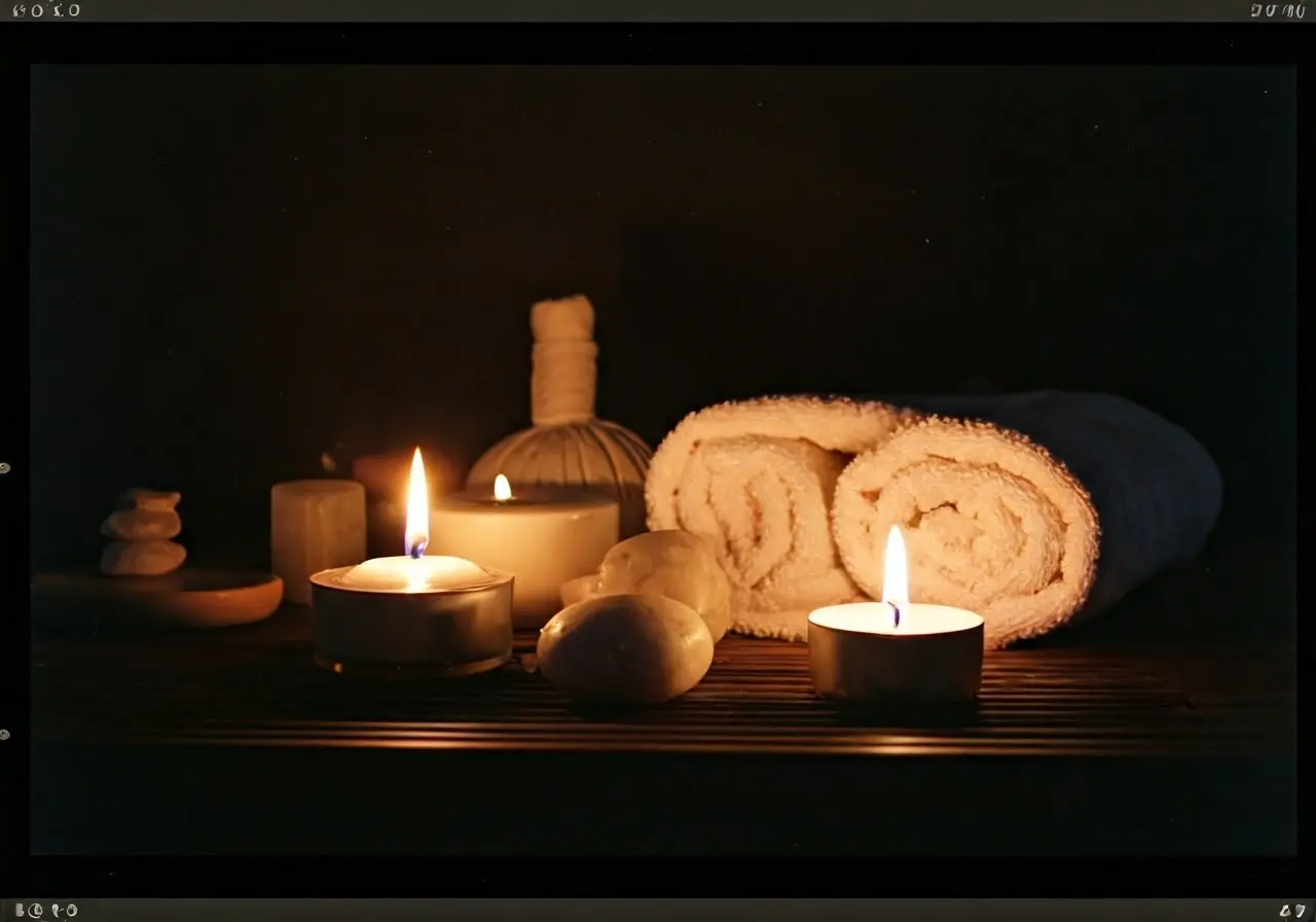 A serene spa setting with lit candles and soft towels. 35mm stock photo