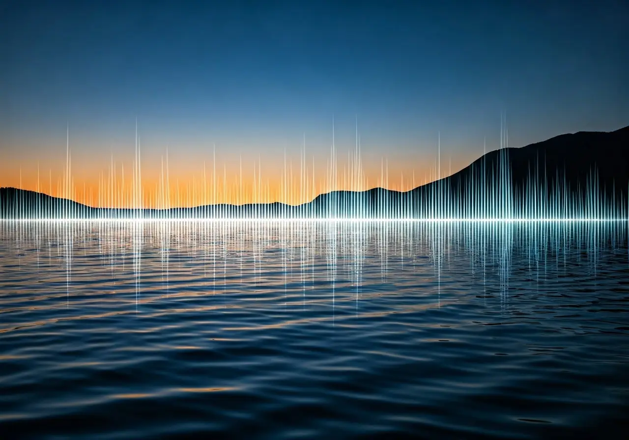 A serene sound wave pattern overlaid on a tranquil landscape. 35mm stock photo