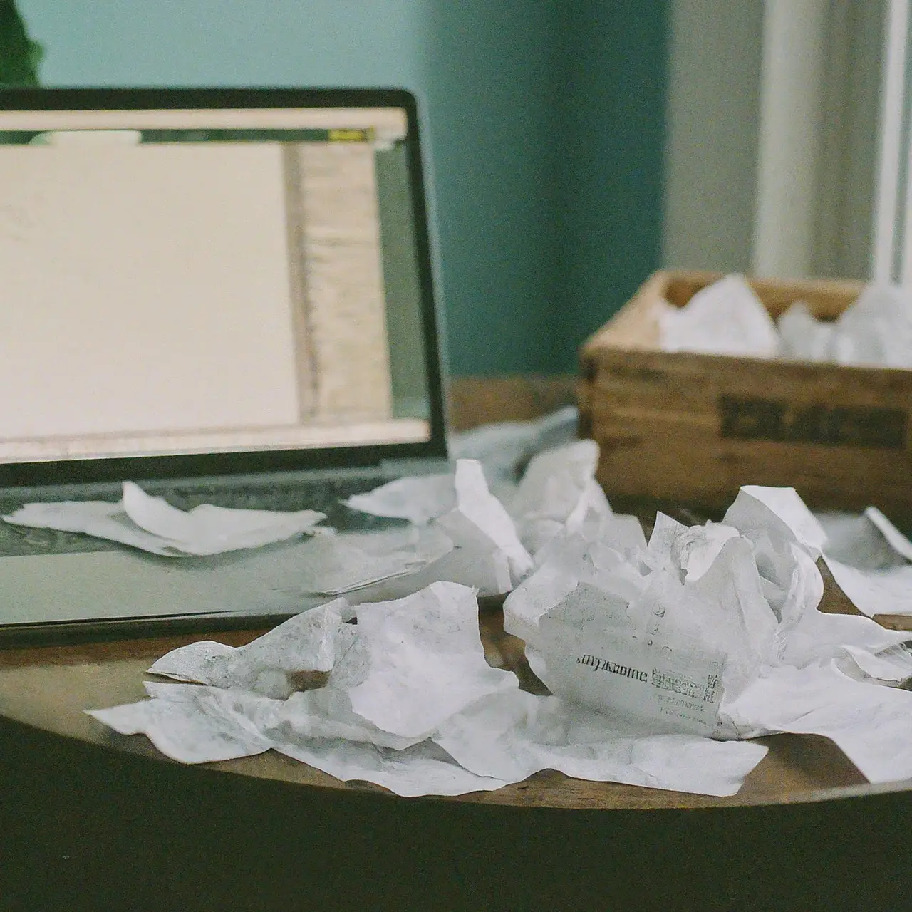 A cluttered desk with organized digital receipts on a laptop. 35mm stock photo