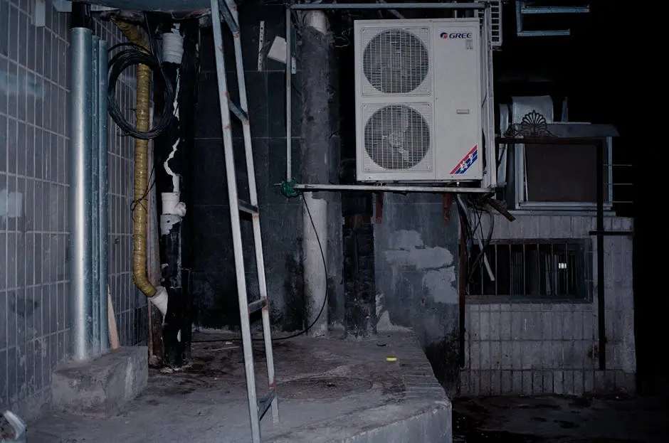 Close-up of an industrial air conditioner setup on a building wall, showcasing pipes and a ladder.