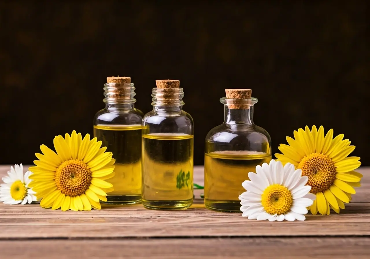 Glass bottles of essential oils with fresh flowers around them. 35mm stock photo