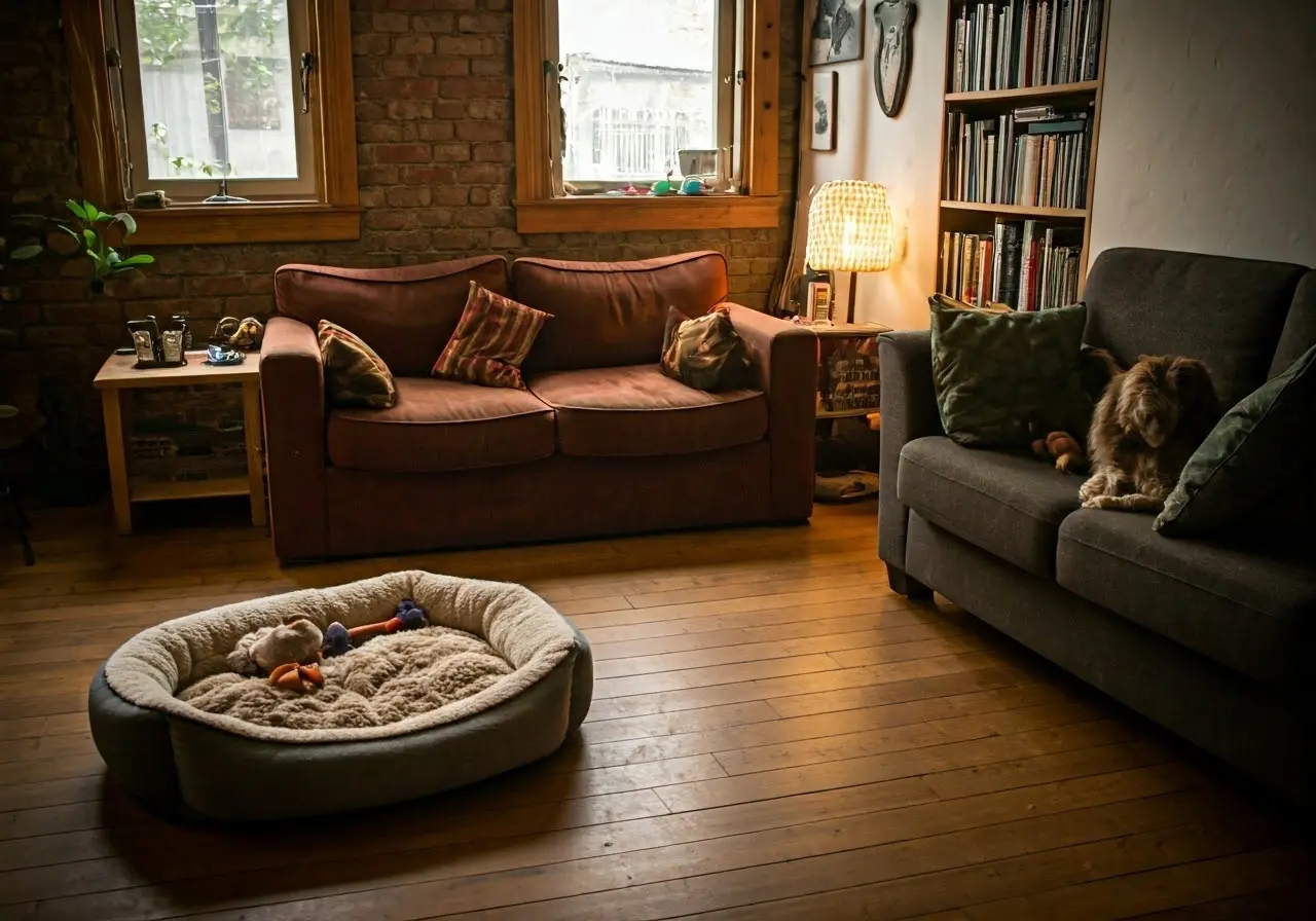 Cozy living room with a dog bed and toys. 35mm stock photo