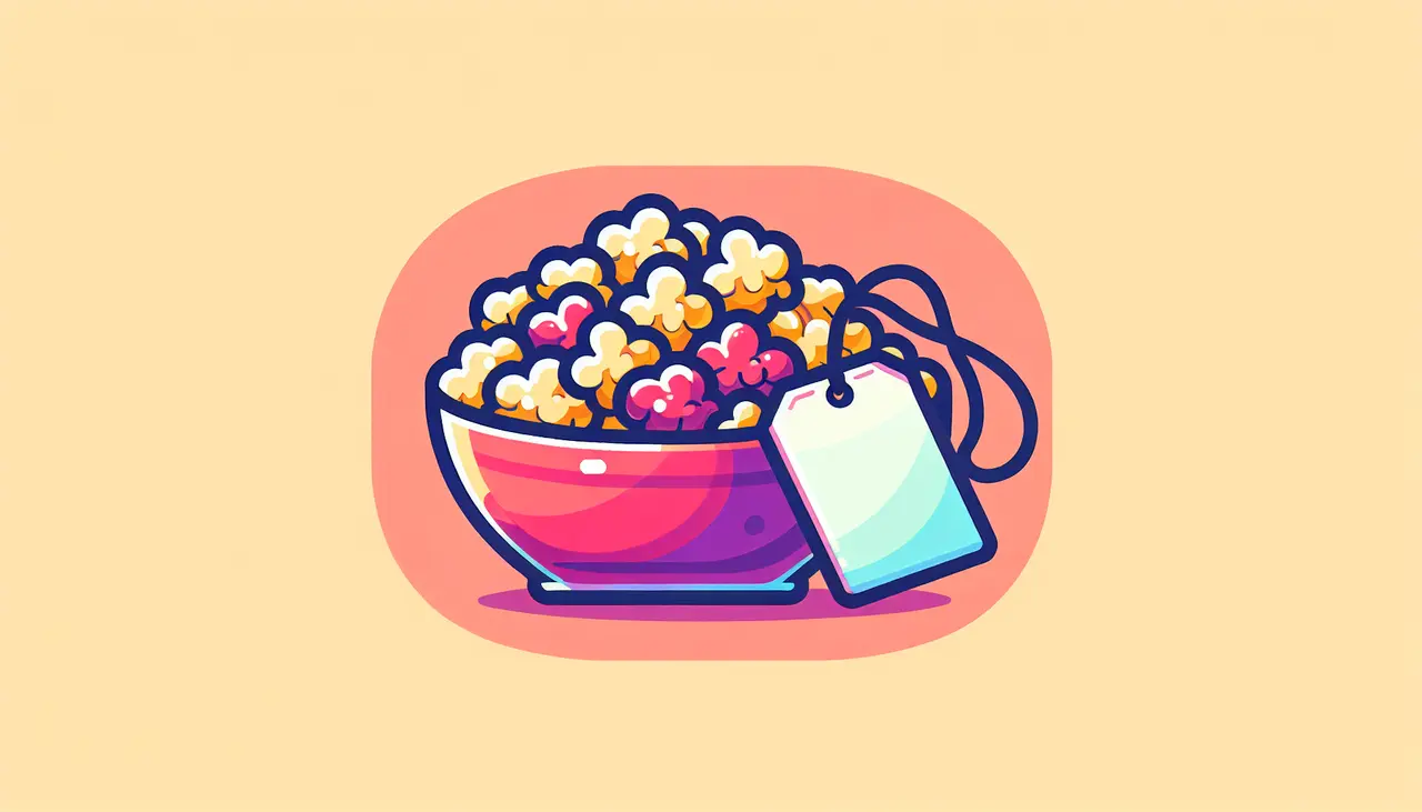 Draw a graphic in flat design style. A bowl of colorful gourmet popcorn with a simple gift tag.