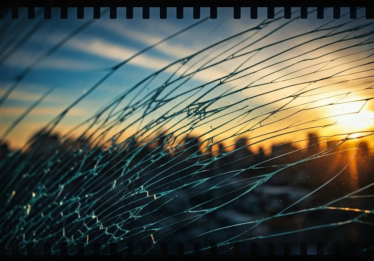 Cracked windshield with sun reflection above city skyline. 35mm stock photo