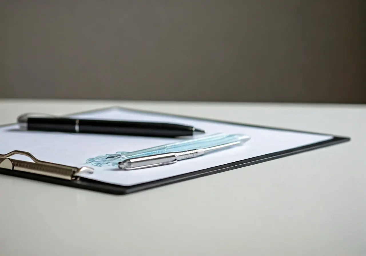 Medical instruments and clipboard on a clean, white table. 35mm stock photo