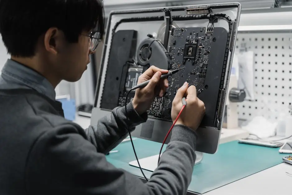 A technician works on a computer motherboard using tools at a workspace, focusing on electronics repair.